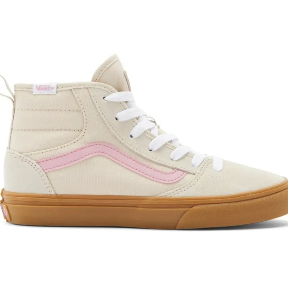 Vans Kids High-Top Sneakers in Cream and Pink with Gum Sole
